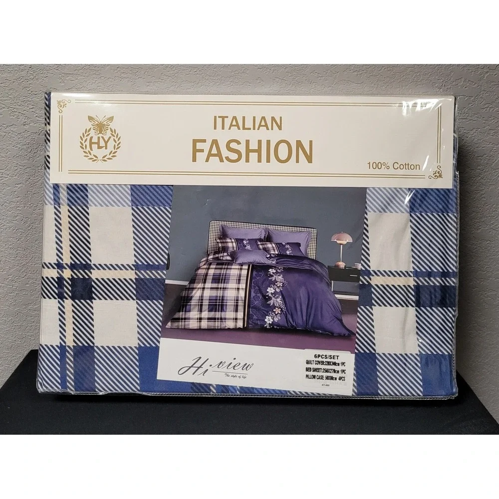 Italian Fashion Queen Size Duvet Cover Set 6 Pc Design #HY-888 Blue Floral/Plaid